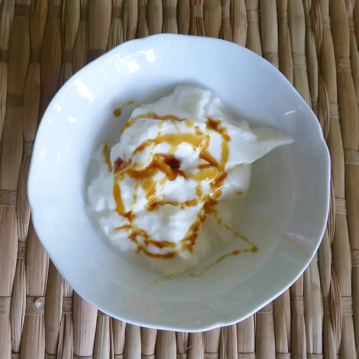 A bowl of white buffalo curd topped with dark kithul treacle