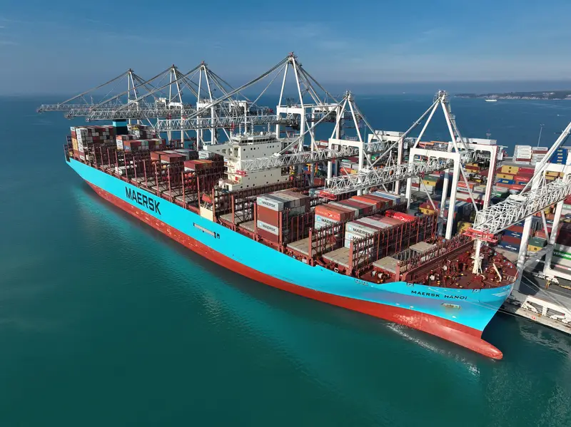 Aerial view of a container ship at a port berth